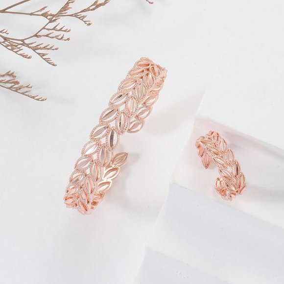 3/$35 18K Gold Plated Rose Gold Leaf Bracelet & Ring Set Statement Jewelry - Picture 1 of 5